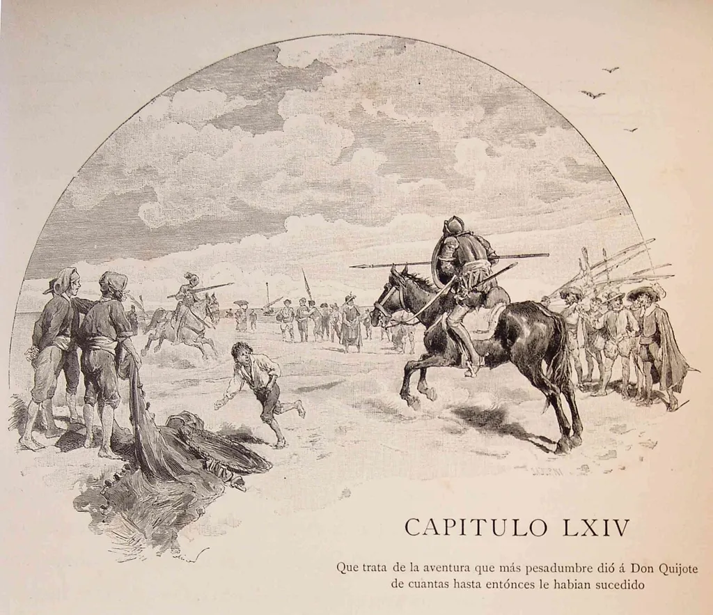 El Caballero de la Blanca Luna derriba a don Quijote en la playa de Barcelona ante un grupo de espectadores