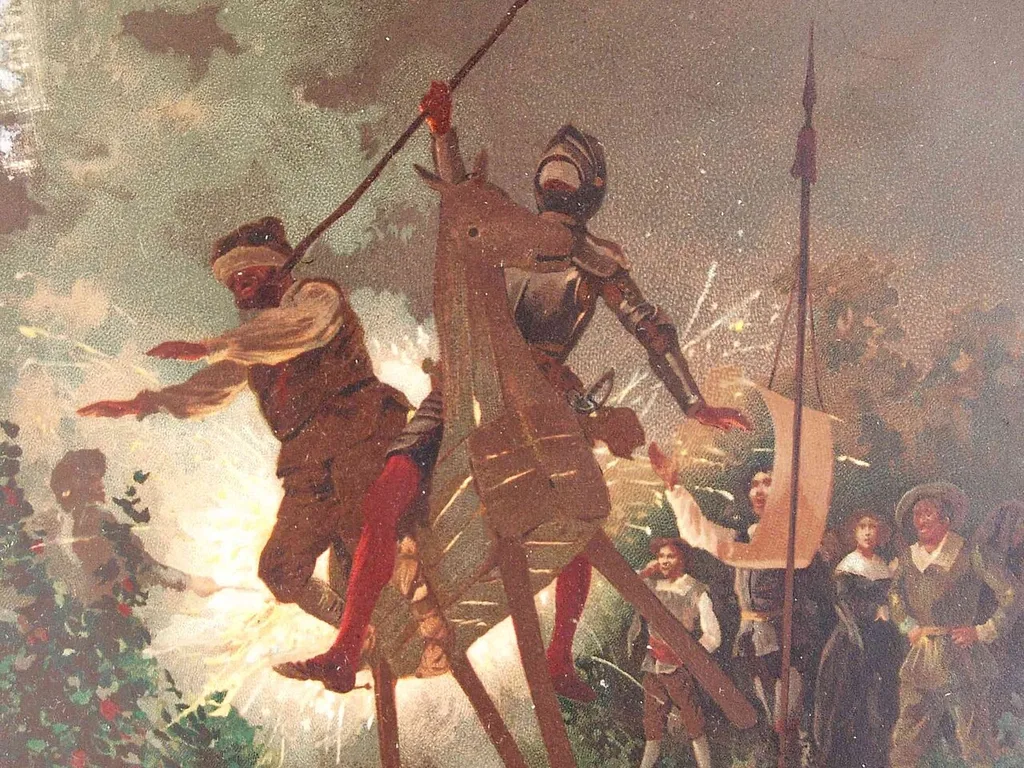 Clavileño estalla con cohetes y lanza por los aires a don Quijote y Sancho, con los ojos vendados