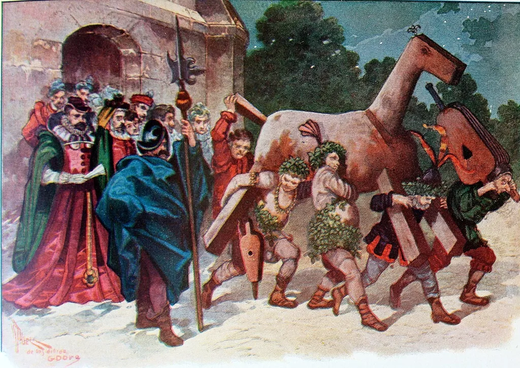 Cuatro salvajes vestidos de yedra llevan el caballo de madera Clavileño ante los duques