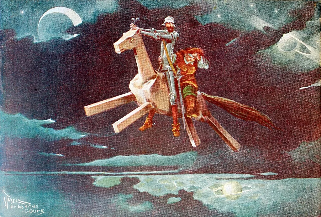 Don Quijote y Sancho Panza volando a lomos de Clavileño entre las nubes y la luna