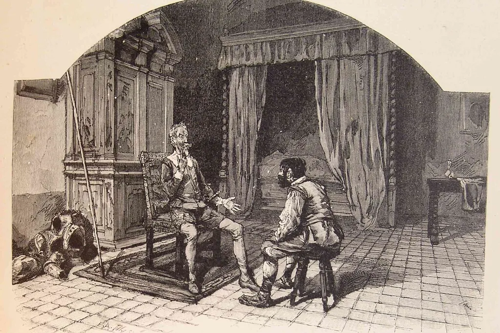 Don Quijote, sentado en una sala, aconseja a Sancho Panza antes de que vaya a gobernar la ínsula Barataria
