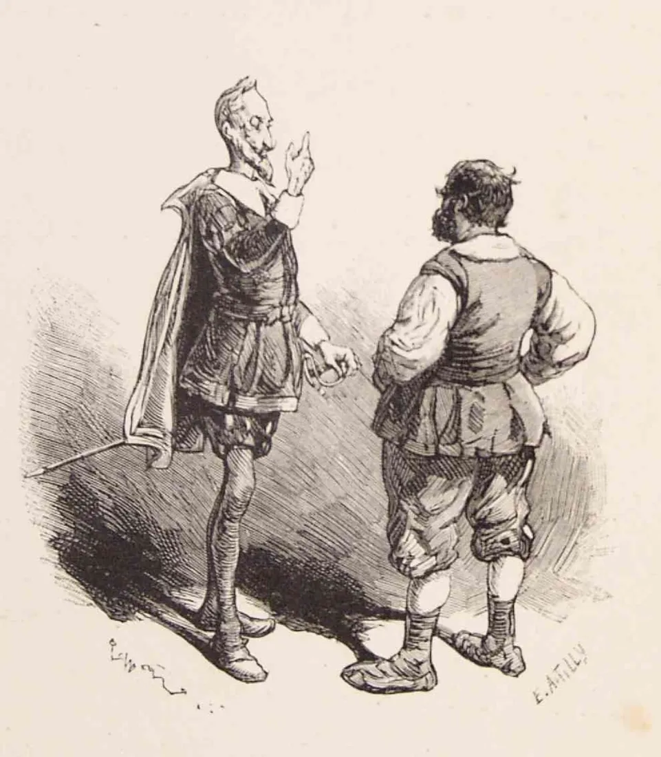 Don Quijote, de pie y con el dedo levantado, da consejos a Sancho Panza