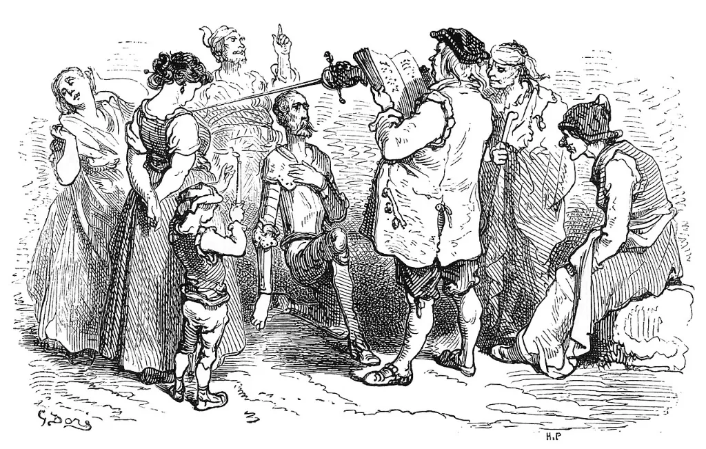 El ventero arma caballero a don Quijote, arrodillado, ante las dos mozas y otros huéspedes de la venta, grabado de Gustave Doré