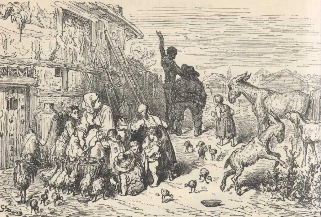 Don Quijote, de pie ante una casa de pueblo, convence a Sancho Panza para que sea su escudero mientras la familia y los animales los rodean, grabado de Gustave Doré