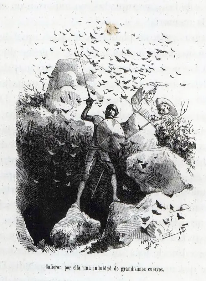 Grabado de 1879 de Don Quijote abriéndose paso con la espada en la boca de la Cueva de Montesinos mientras salen cuervos