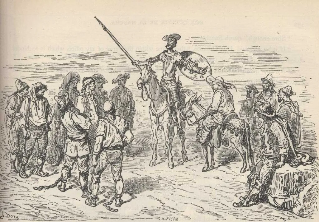 Don Quijote libera a los galeotes encadenados en un camino, grabado de Gustave Doré