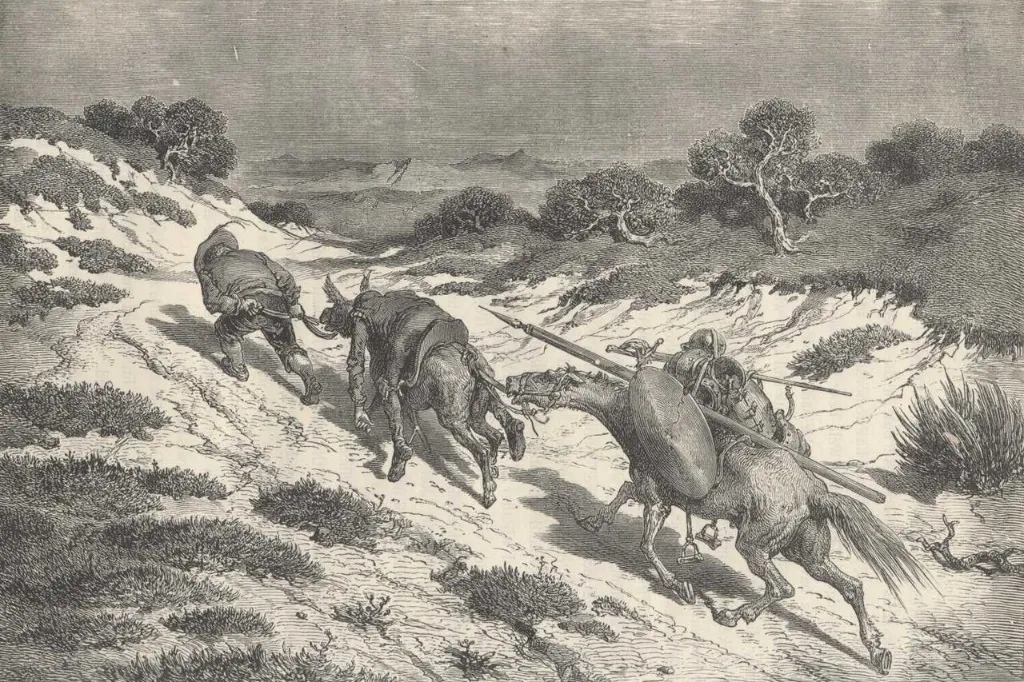 Don Quijote, molido a palos, va atravesado sobre el asno de Sancho mientras este tira de Rocinante, grabado de Gustave Doré