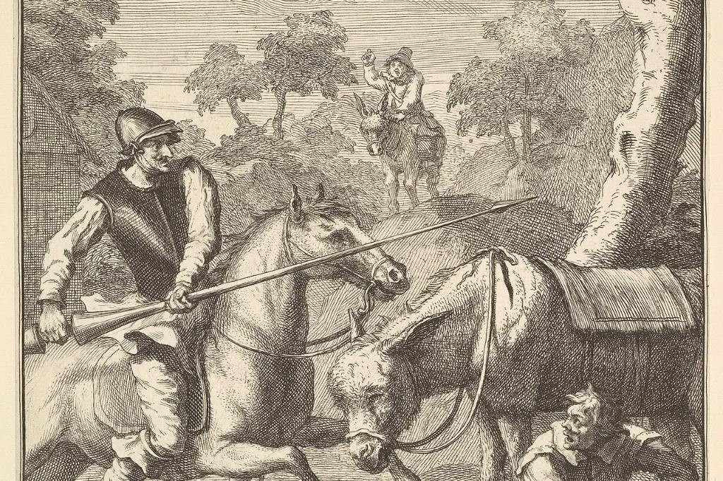 Don Quijote ataca con la lanza al barbero, que cae de su asno, para quitarle la bacía que cree el yelmo de Mambrino, grabado de William Hogarth