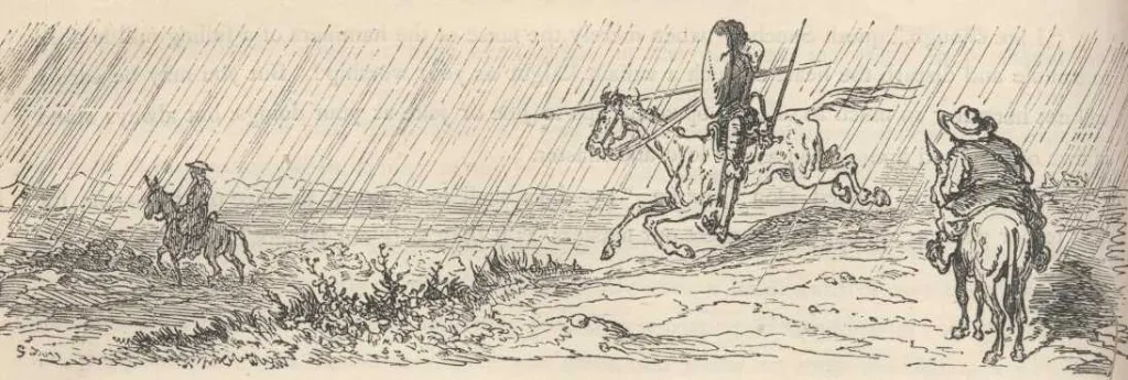Don Quijote y Sancho ven venir bajo la lluvia a un jinete con algo brillante en la cabeza, grabado de Gustave Doré