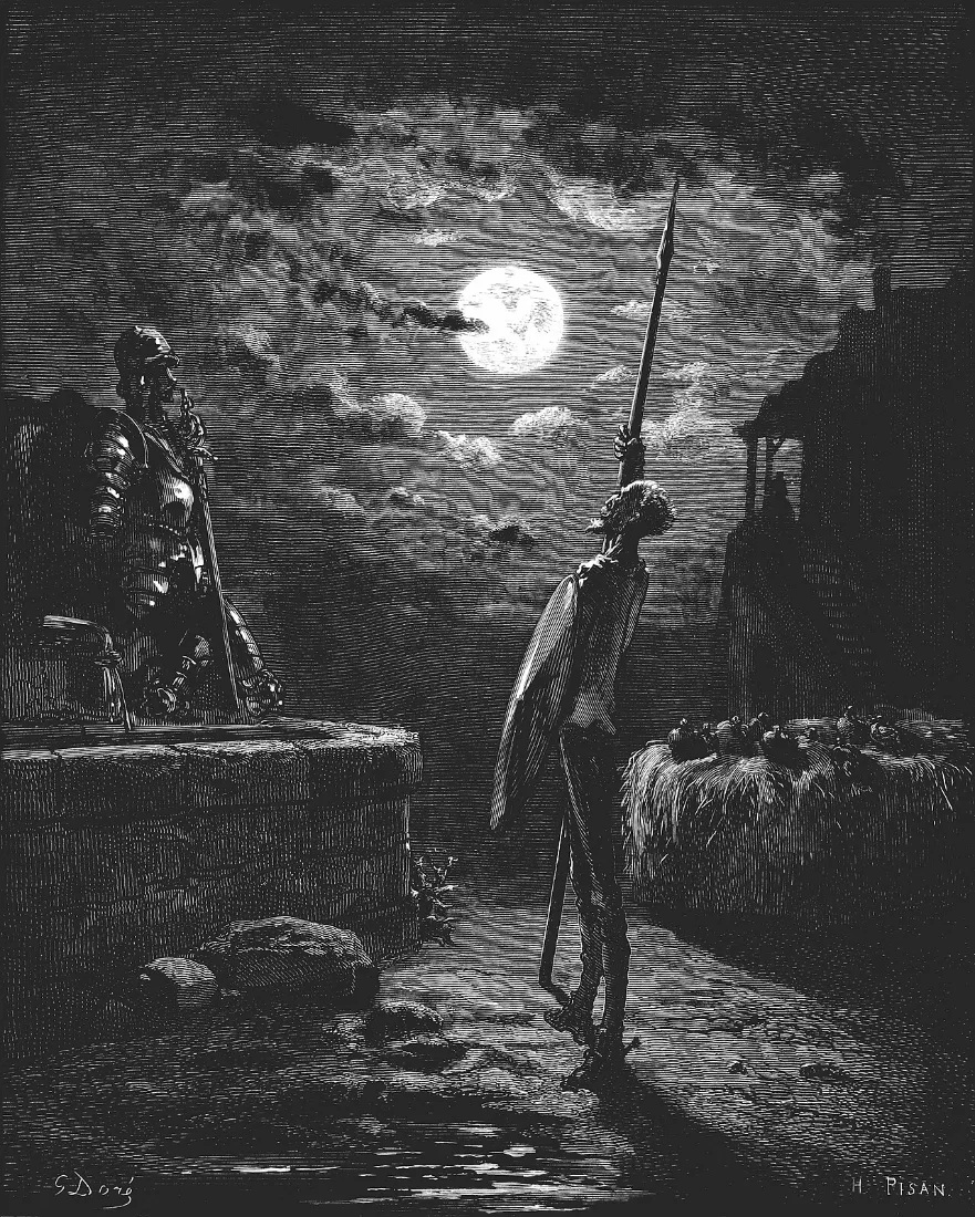 Don Quijote vela las armas de noche junto al pozo de la venta, a la luz de la luna, grabado de Gustave Doré