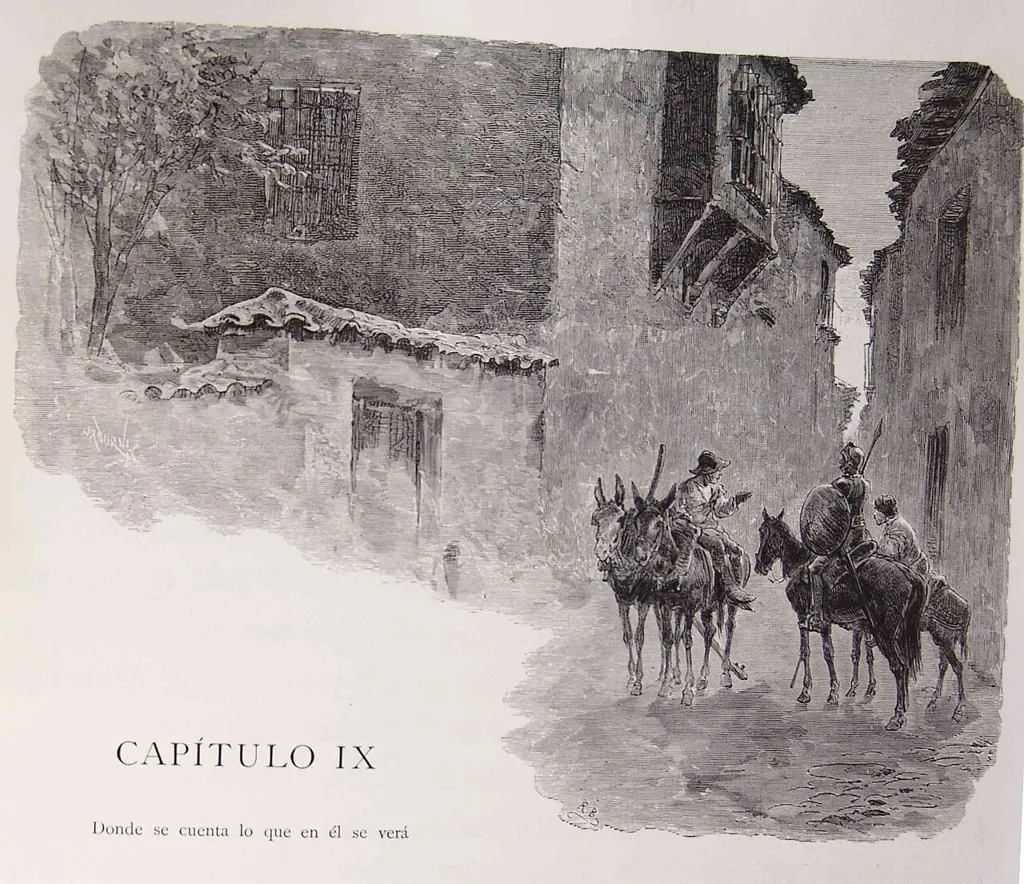 Don Quijote y Sancho Panza a caballo en una calle de El Toboso, ilustración del capítulo 9 de la Segunda parte
