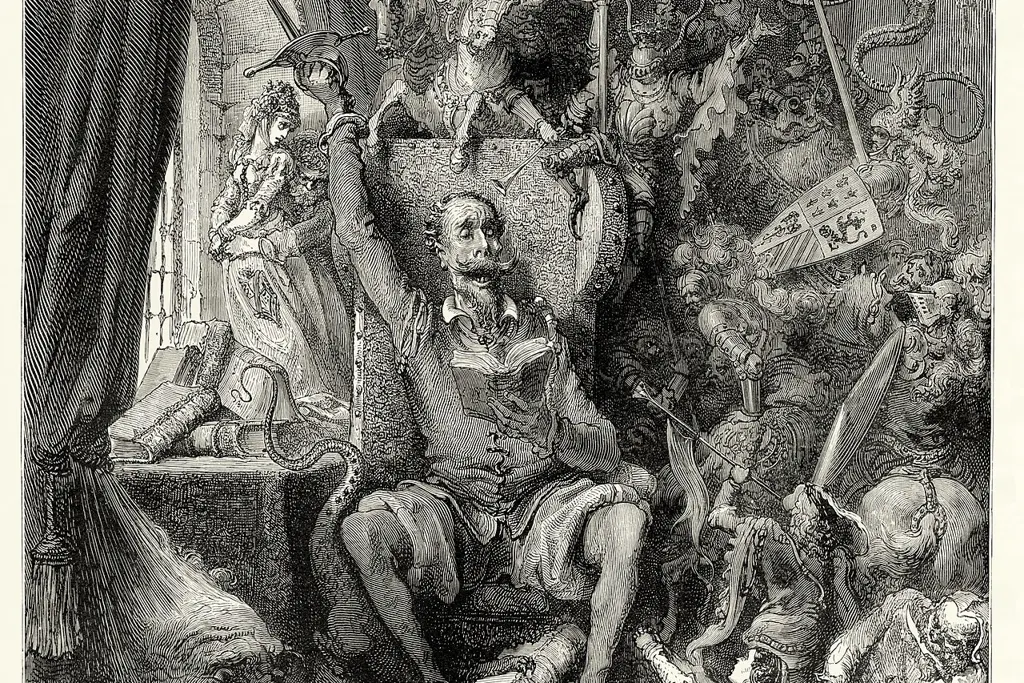 Don Quijote leyendo en su sillón rodeado de caballeros, damas y monstruos salidos de sus libros de caballerías, grabado de Gustave Doré