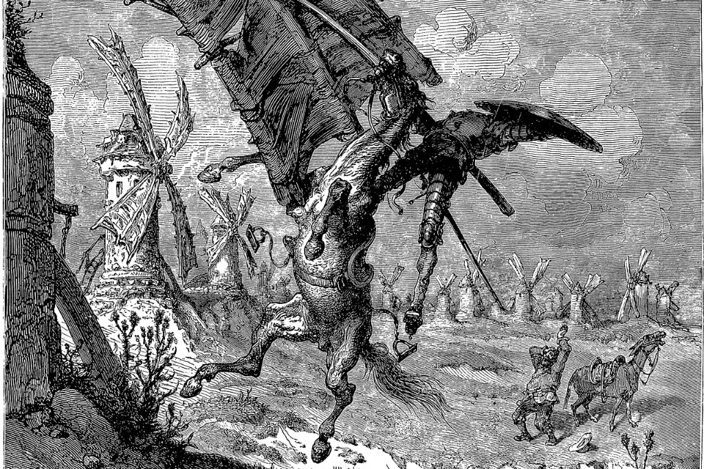 Don Quijote, lanza en ristre, es levantado por las aspas de un molino de viento mientras Sancho mira, grabado de Gustave Doré