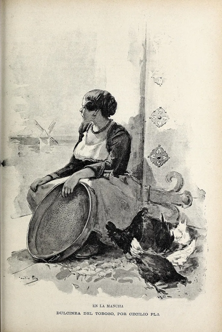 Dulcinea del Toboso como labradora manchega sentada junto a una criba, con gallinas y un molino al fondo, dibujo de Cecilio Pla