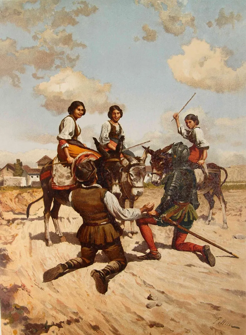 Don Quijote y Sancho de rodillas ante tres labradoras montadas en borricas, a las que Sancho presenta como Dulcinea encantada