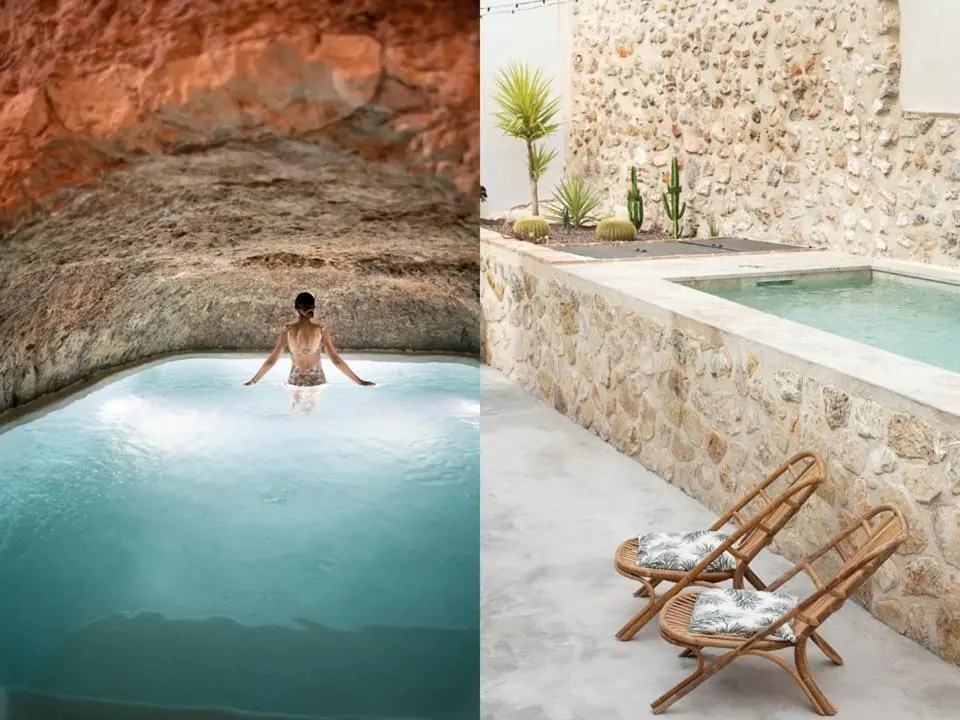 Piscina en cueva y patio con piscina del hotel rural El Bálsamo, en Belmonte