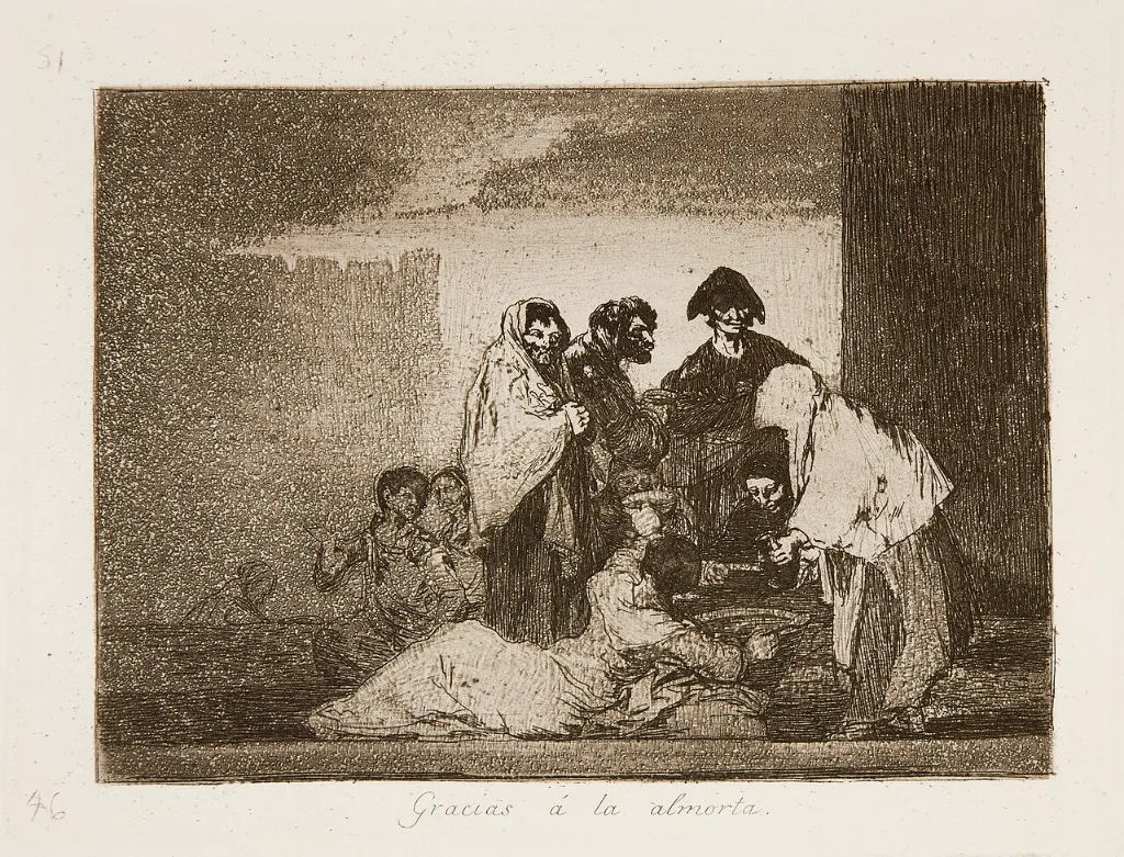 Grabado de Goya en el que una mujer reparte un caldero de almortas a personas hambrientas tumbadas en el suelo