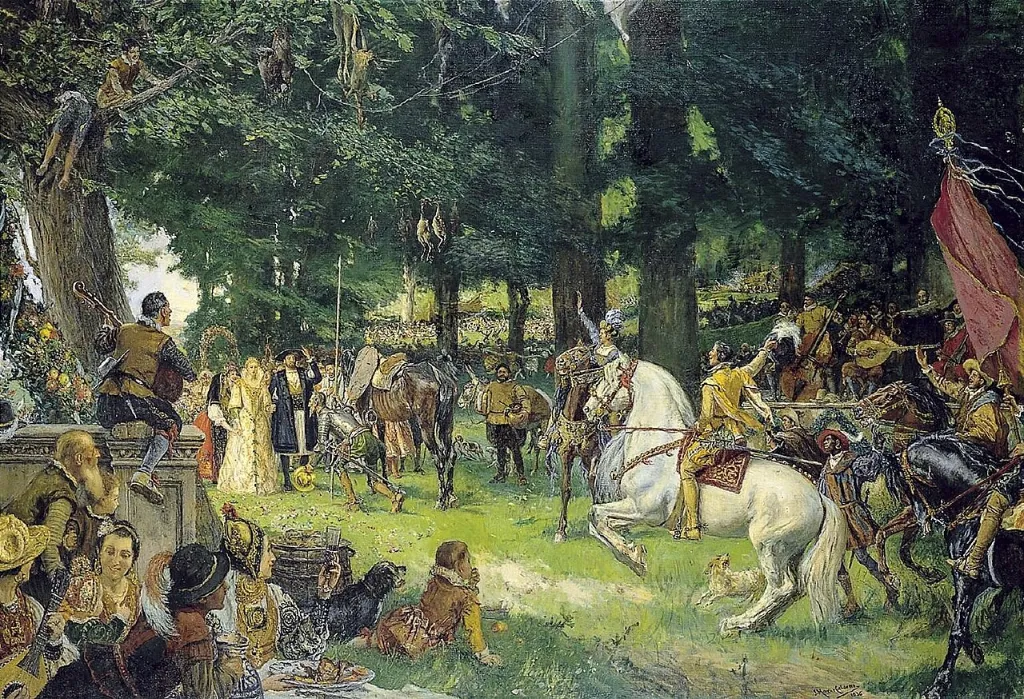 Pintura de las bodas de Camacho: fiesta campestre con danzantes, jinetes y comensales en un bosque, de José Moreno Carbonero