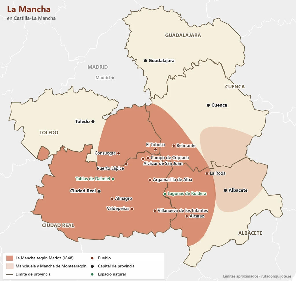 Mapa de La Mancha según Madoz dentro de Castilla-La Mancha, con la Manchuela y la Mancha de Montearagón, las provincias y los principales pueblos