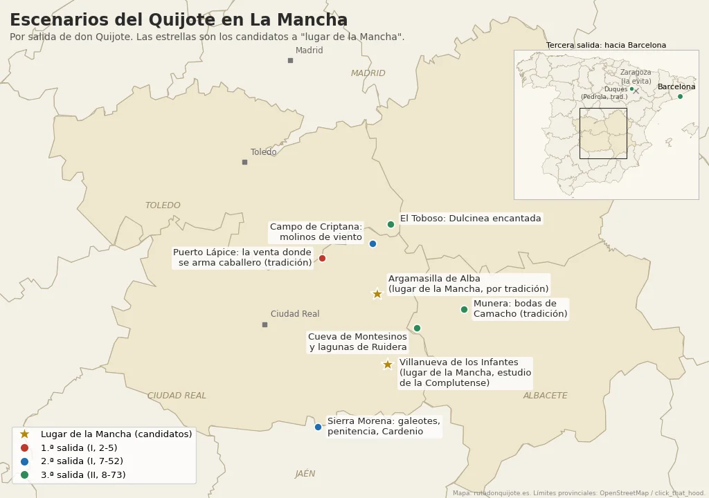 Mapa de La Mancha con los escenarios de las tres salidas de don Quijote: Argamasilla de Alba, Villanueva de los Infantes, Puerto Lápice, Campo de Criptana, Sierra Morena, El Toboso, Cueva de Montesinos y Munera, y recuadro con Zaragoza y Barcelona
