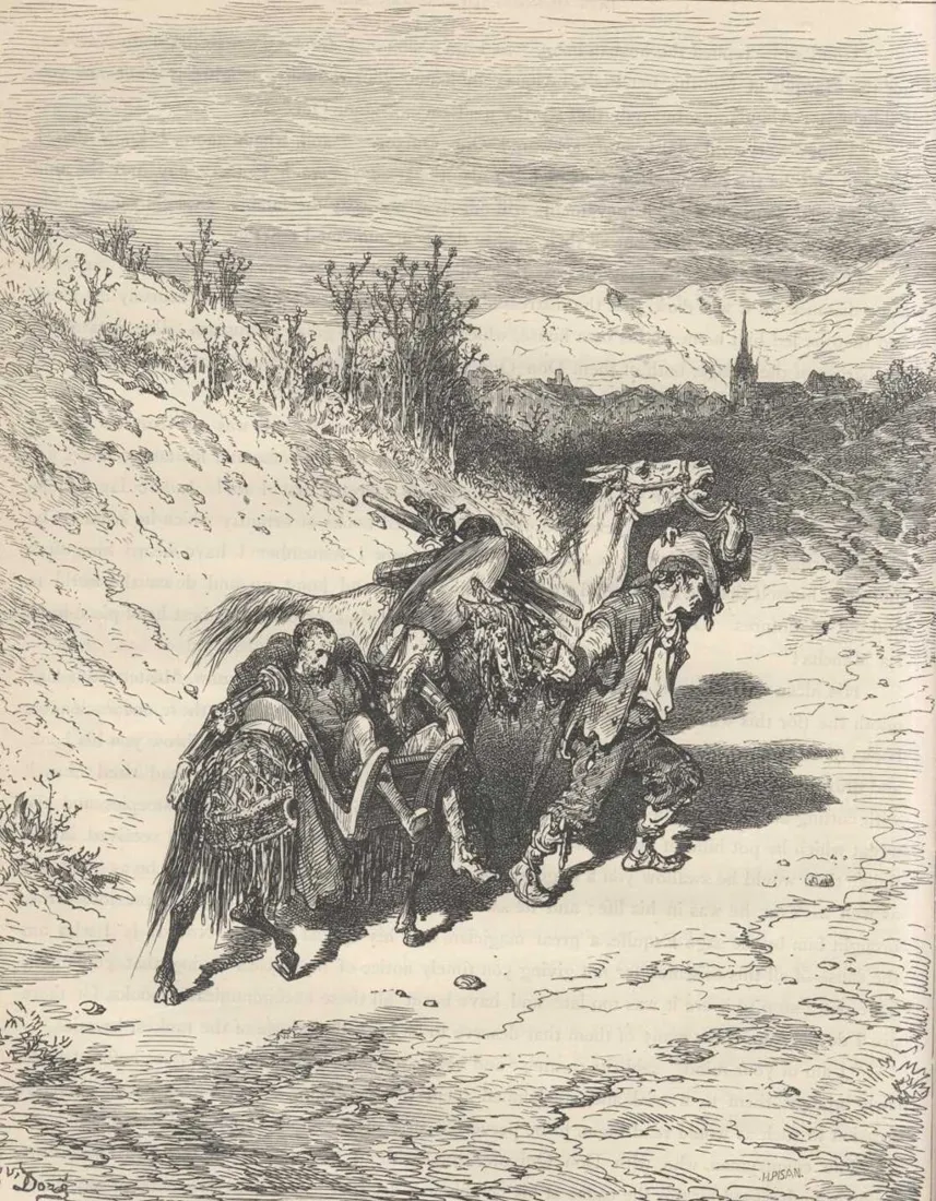 El labrador Pedro Alonso ayuda a don Quijote, molido a palos, a volver a su aldea, grabado de Gustave Doré