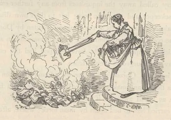 El ama arroja al fuego los libros de caballerías de don Quijote, grabado de Gustave Doré