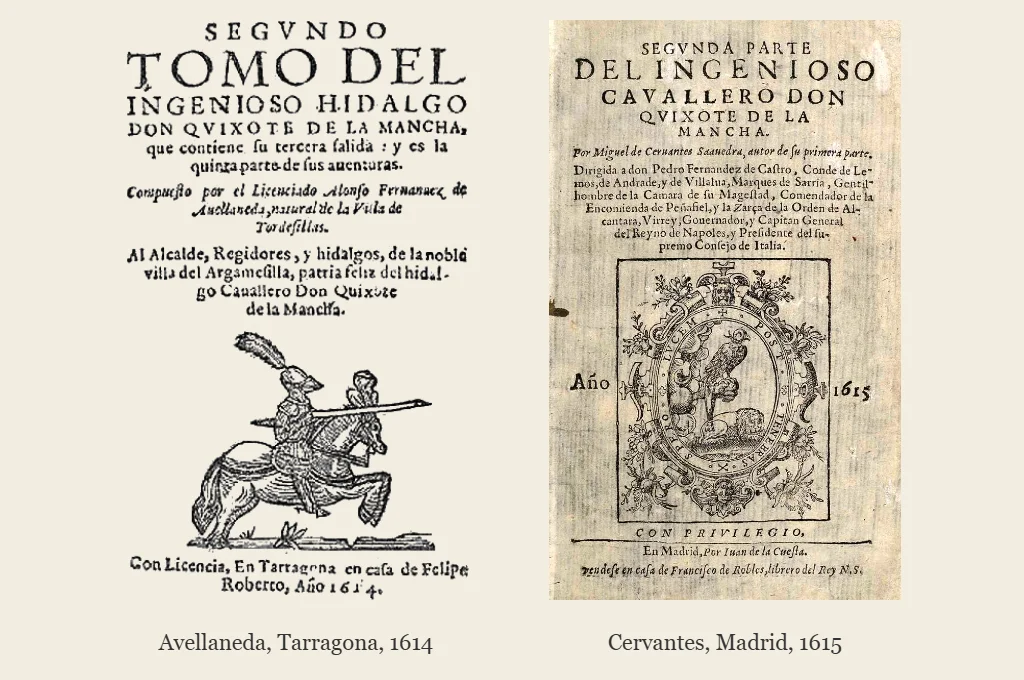 Portadas del Quijote de Avellaneda, Tarragona 1614, y de la segunda parte del Quijote de Cervantes, Madrid 1615