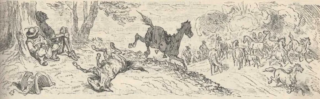 Rocinante trota hacia una manada de yeguas en un valle, grabado de Gustave Doré