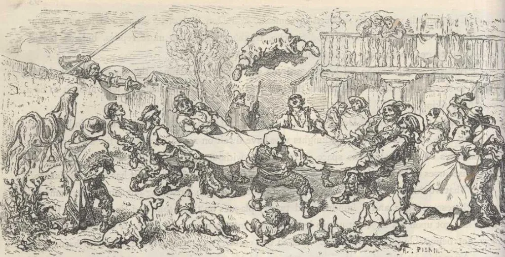 Sancho Panza lanzado por los aires sobre una manta por un grupo de personas en el patio de la venta, grabado de Gustave Doré