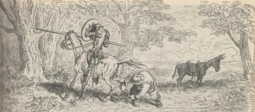 Sancho Panza ata a escondidas las patas de Rocinante en la noche de los batanes, grabado de Gustave Doré