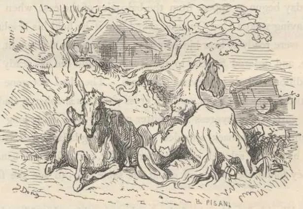 Sancho Panza duerme en el campo entre Rocinante y su asno, grabado de Gustave Doré