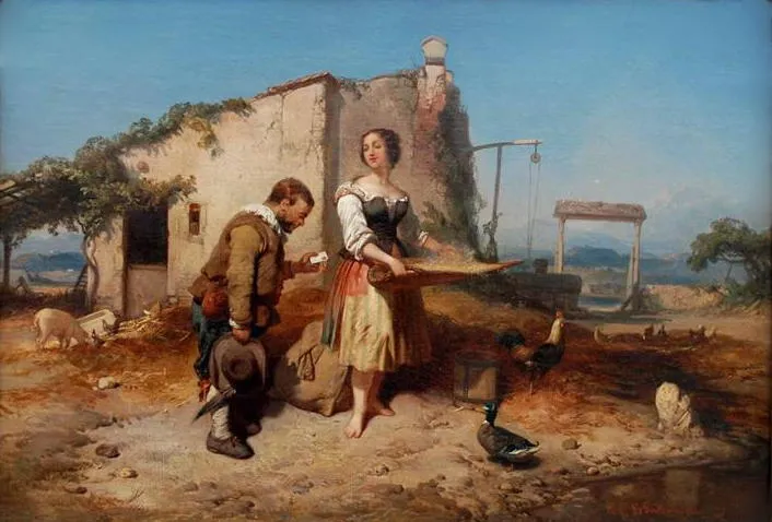 Sancho Panza, sombrero en mano, entrega la carta de don Quijote a Dulcinea, una labradora, ante una casa de pueblo, pintura de Eugène Le Poittevin