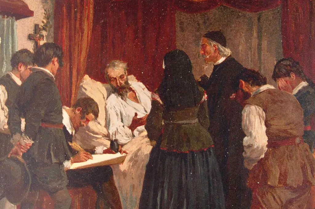 Alonso Quijano, ya cuerdo, dicta su testamento en la cama rodeado del cura, el escribano, la sobrina, el ama y Sancho Panza